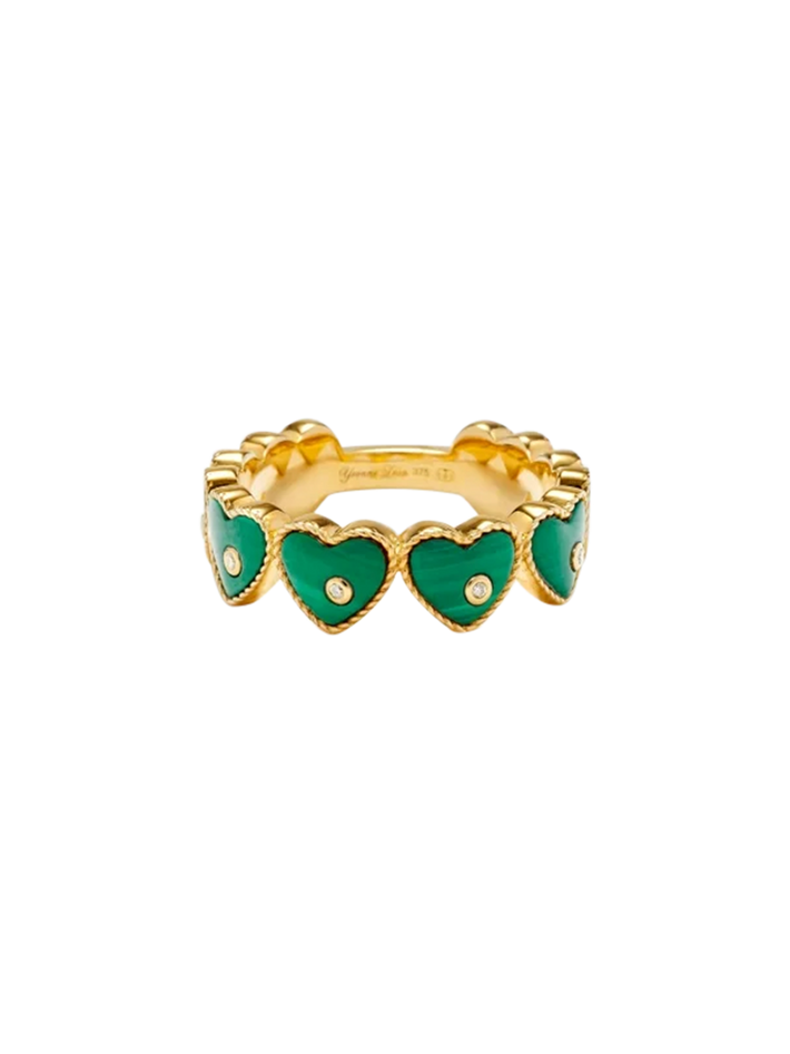 Yellow gold malachite multi hearts wedding ring