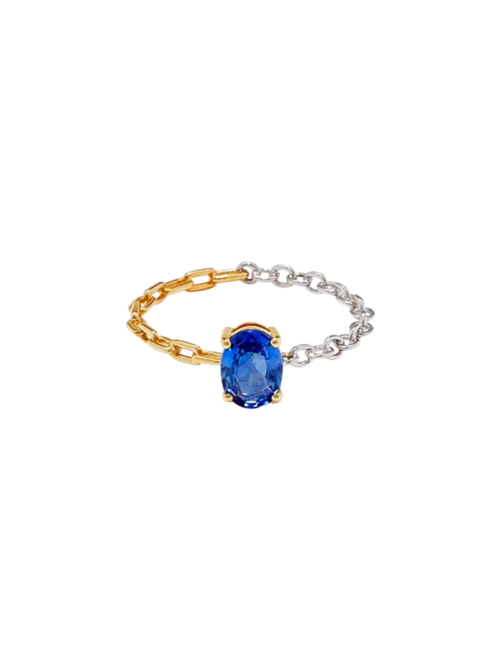 Blue sapphire solitaire ring with mixed golds