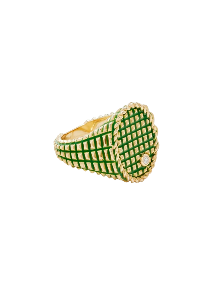 Oval signet ring picotti green enamel yellow gold