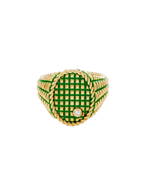 Oval signet ring picotti green enamel yellow gold photo