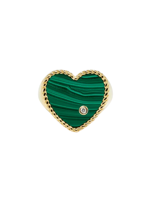 Yellow gold malachite heart signet ring photo