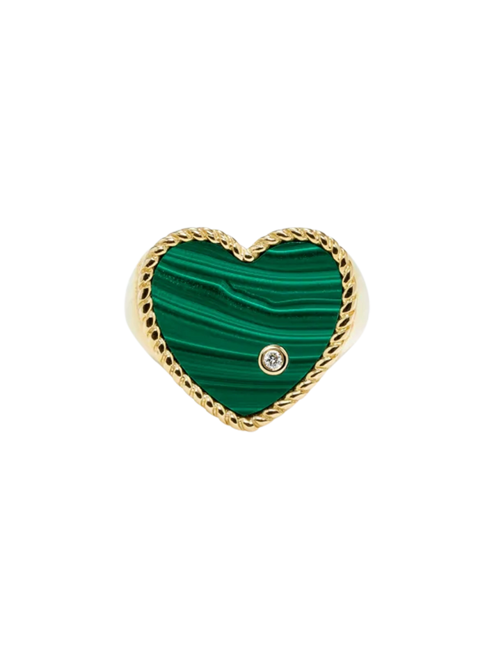 Yellow gold malachite heart signet ring