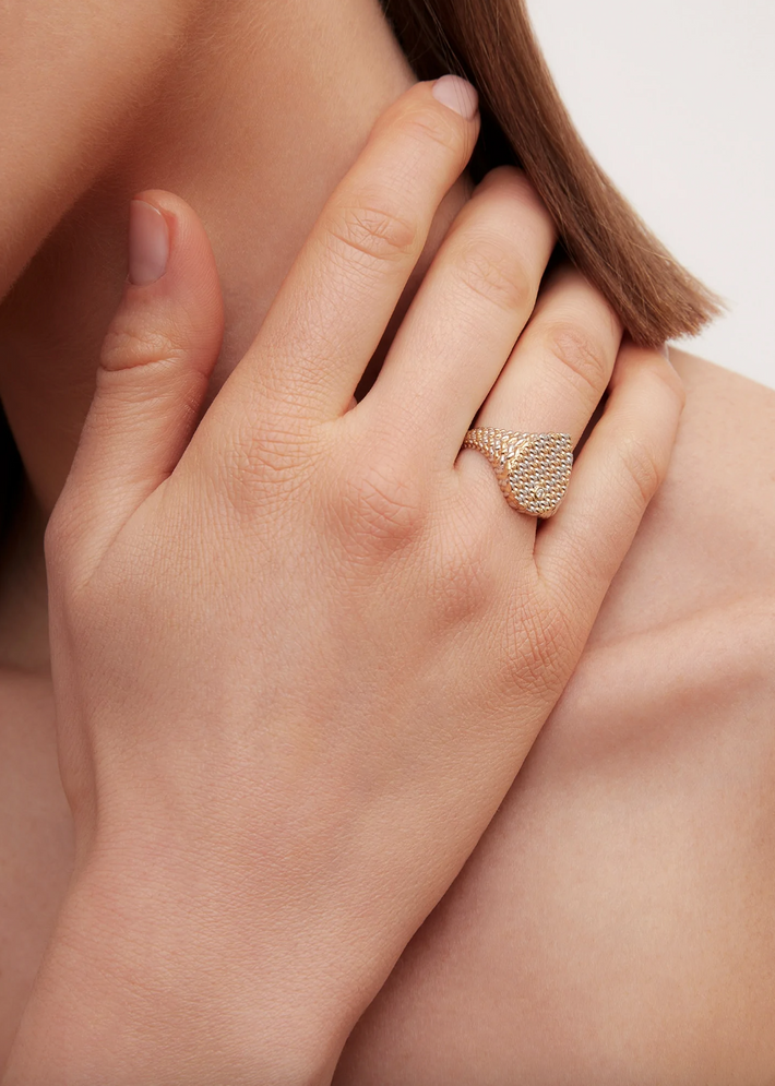 Mixed gold braided pear signet ring