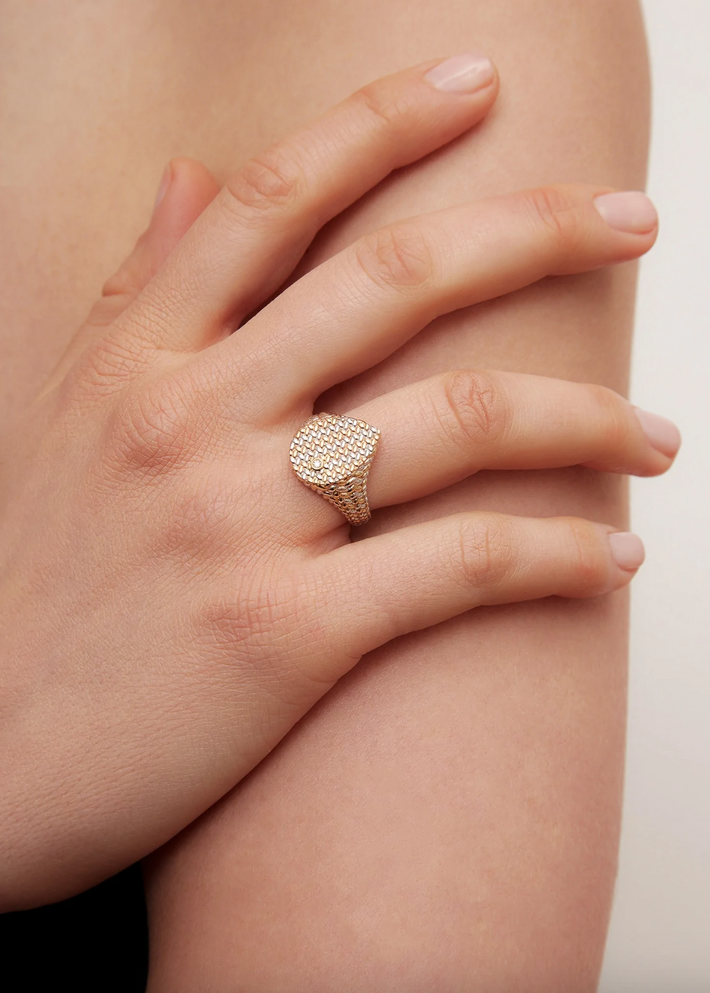 Mixed gold braided pear signet ring