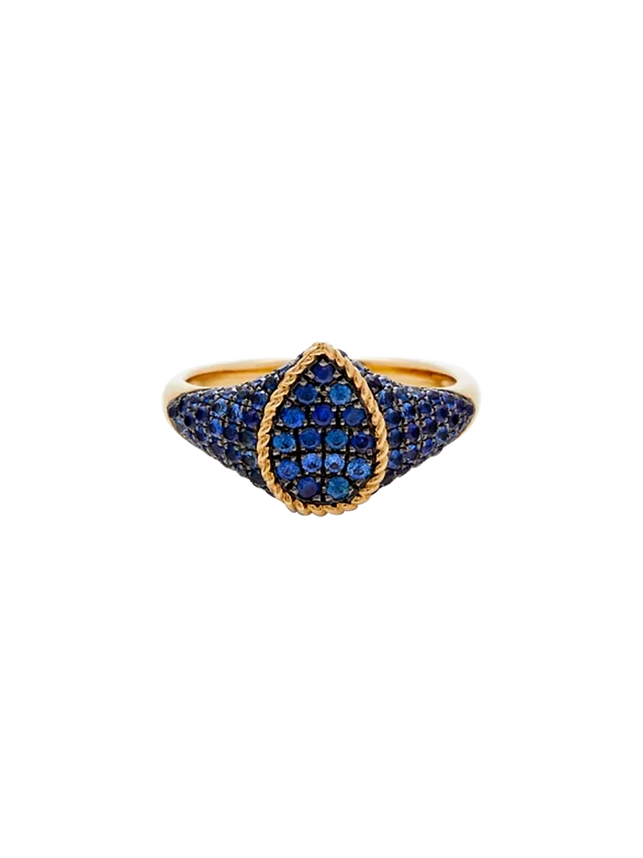 Baby signet ring pear blue sapphires yellow gold