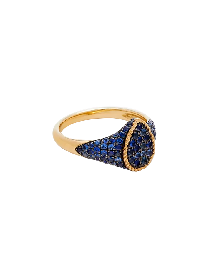 Baby signet ring pear blue sapphires yellow gold