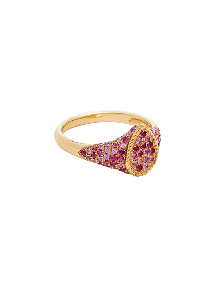 Baby signet ring pear pink sapphires yellow gold