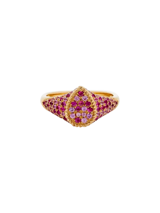 Baby signet ring pear pink sapphires yellow gold photo