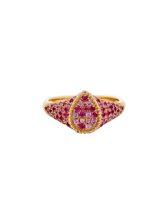 Baby signet ring pear pink sapphires yellow gold