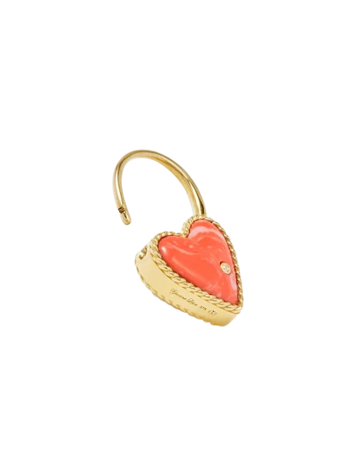 Yellow gold coral heart padlock hoop earrings