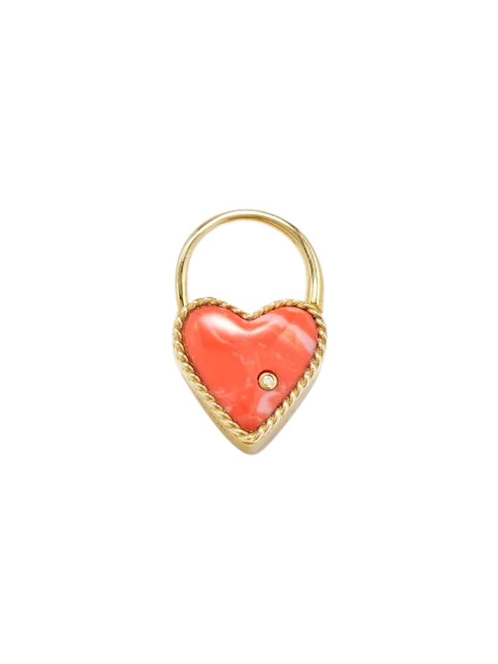 Yellow gold coral heart padlock hoop earrings