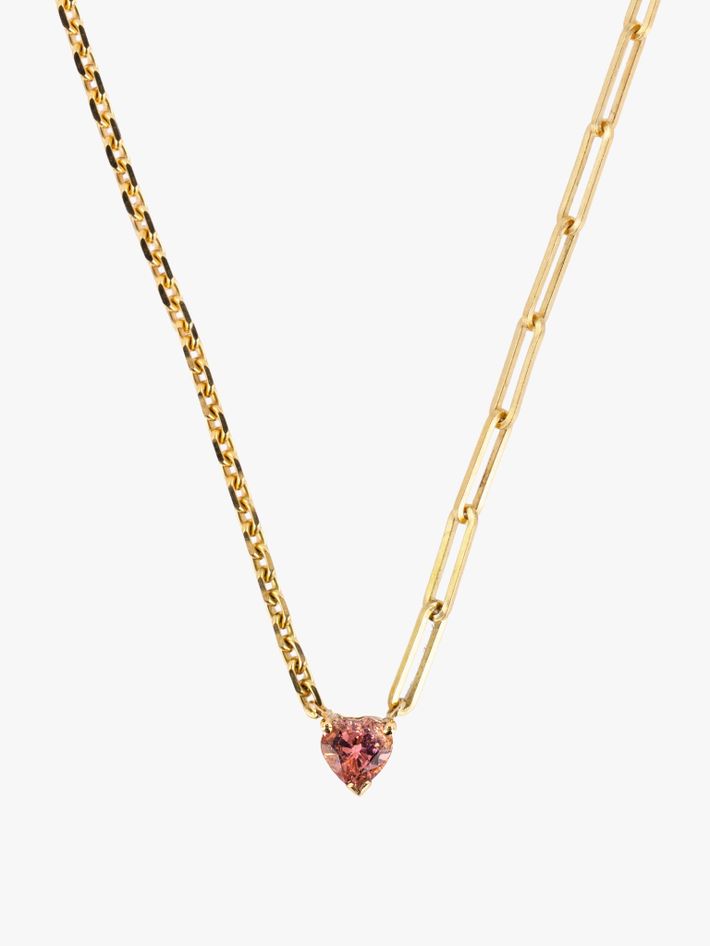 Pink rhodolite solitaire mixed-chain heart necklace