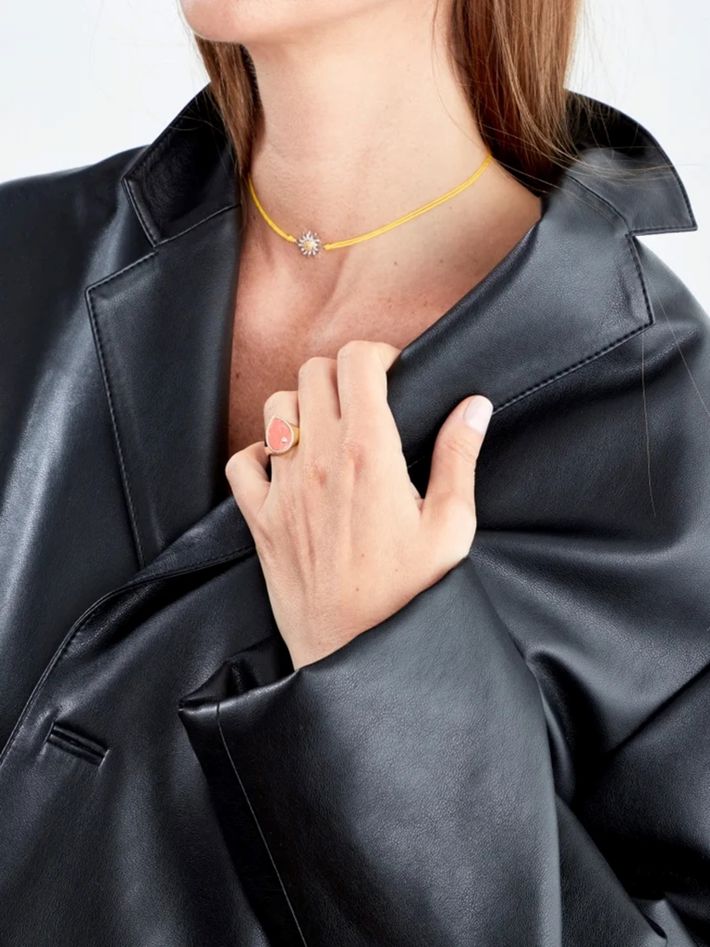 Yellow gold coral pear signet ring