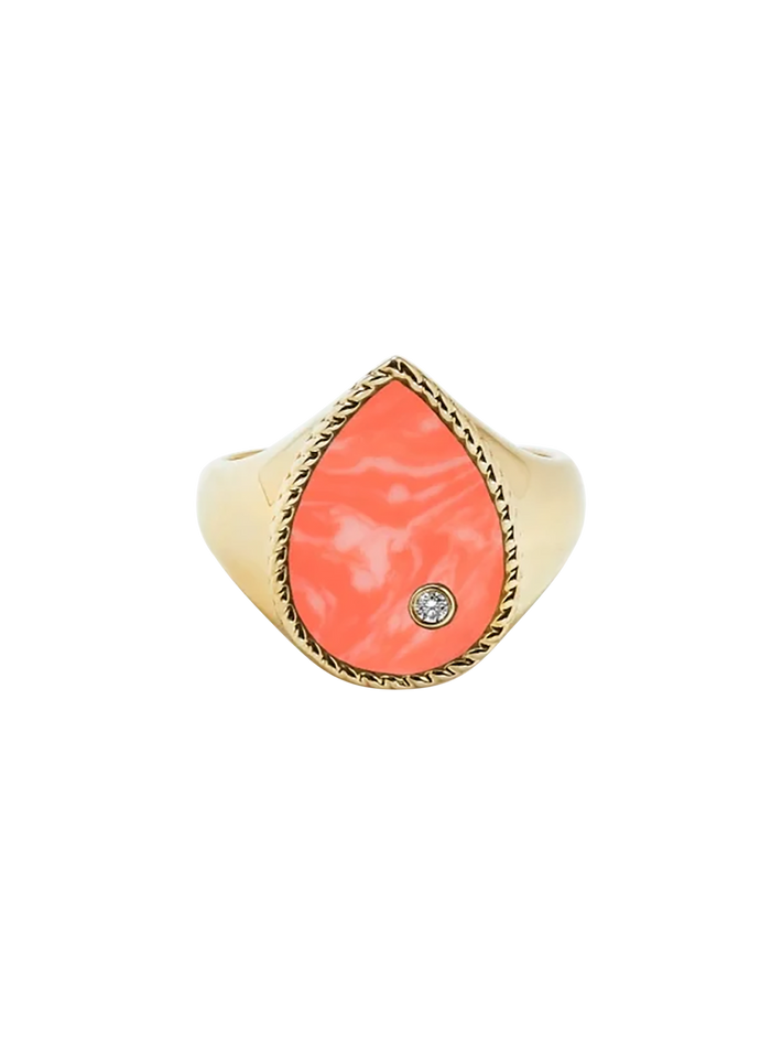 Yellow gold coral pear signet ring