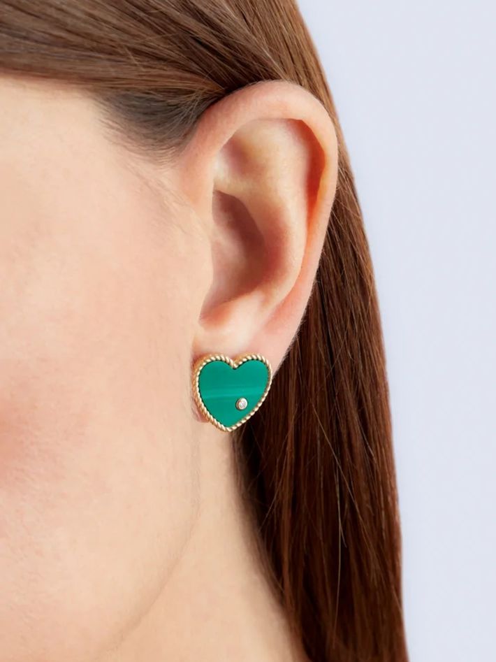 Yellow gold malachite heart studs