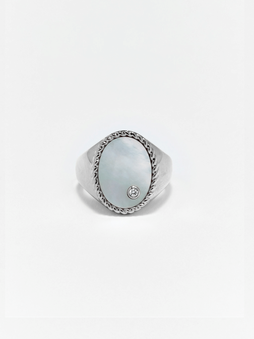 Diamond, mother of pearl and white gold oval signet ring photo