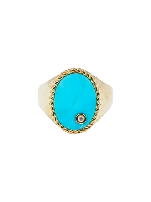 Yellow gold turquoise oval signet ring photo