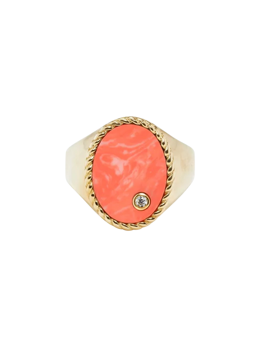 Yellow gold coral oval signet ring photo