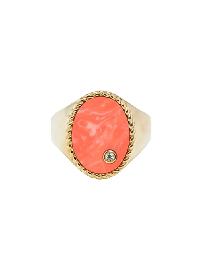 Yellow gold coral oval signet ring