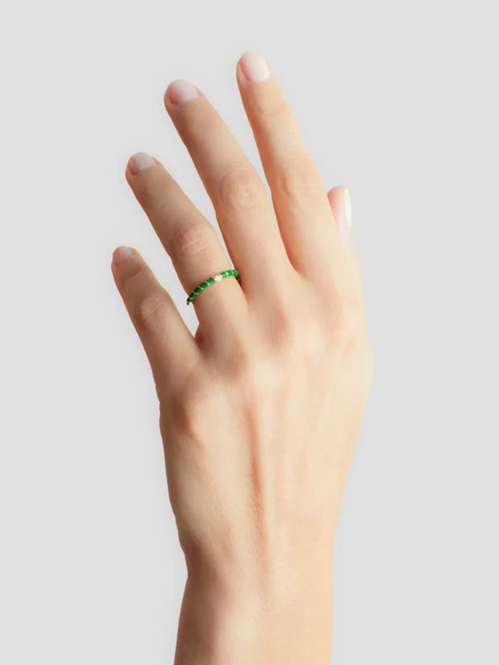 Mini twisted wedding ring green enamel yellow gold