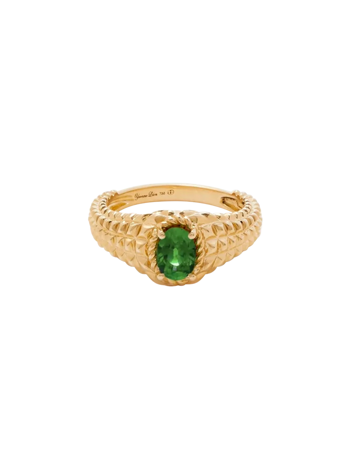 Baby oval signet ring picotti emerald yellow gold ring