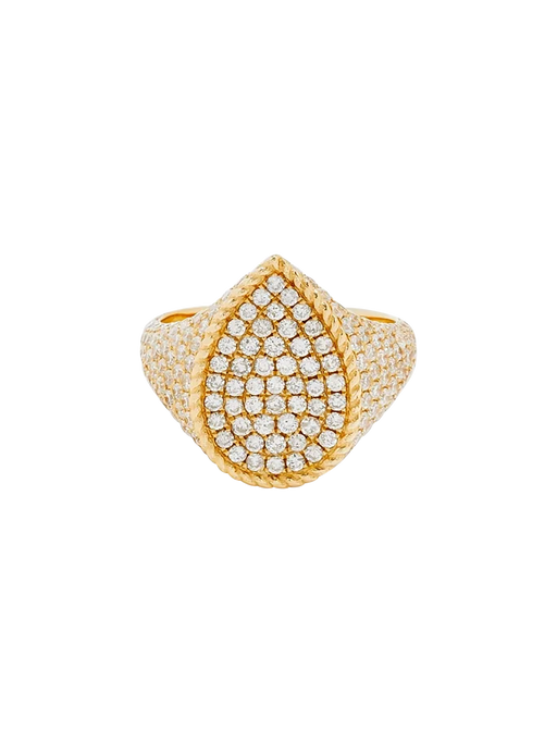 Pear signet ring full diamonds yellow gold photo