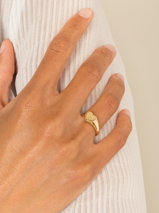 Mini diamond and gold heart signet ring photo