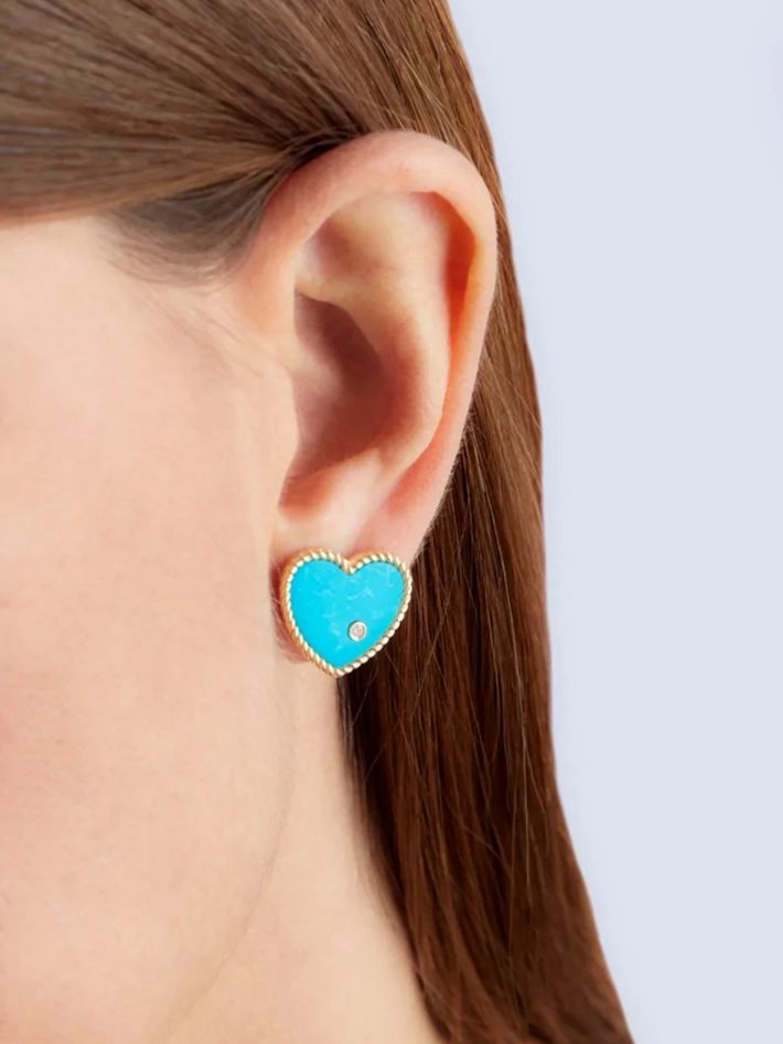 Yellow gold turquoise heart studs