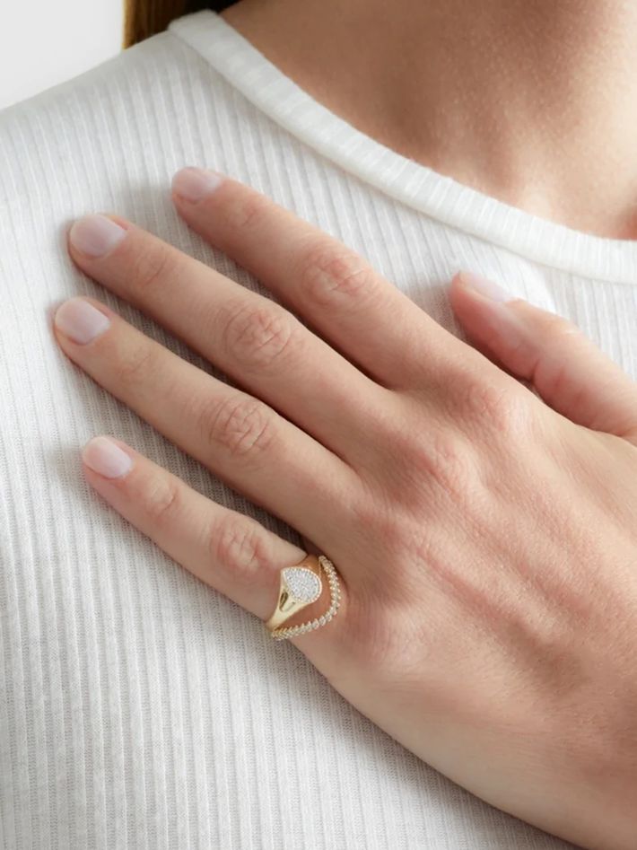 Mini set chevalière poire & bague vague diamant or jaune ring