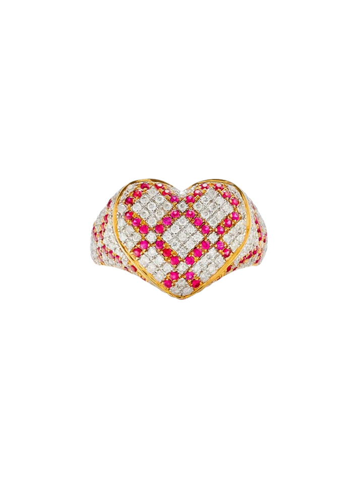 Heart signet ring cross diamonds ruby ​​yellow gold