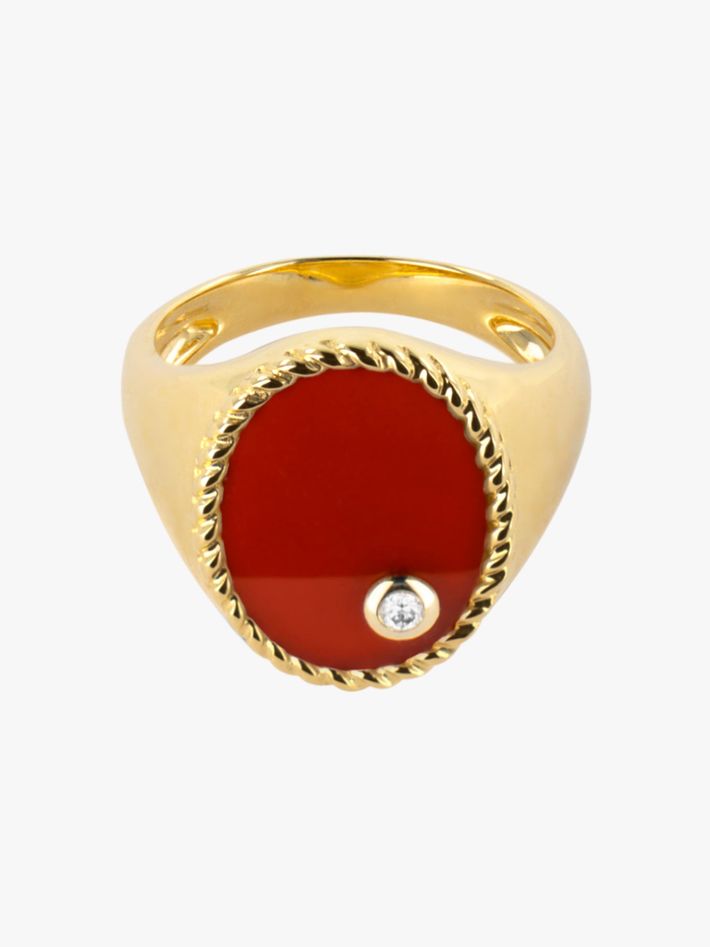 Diamond, agate and gold oval signet ring