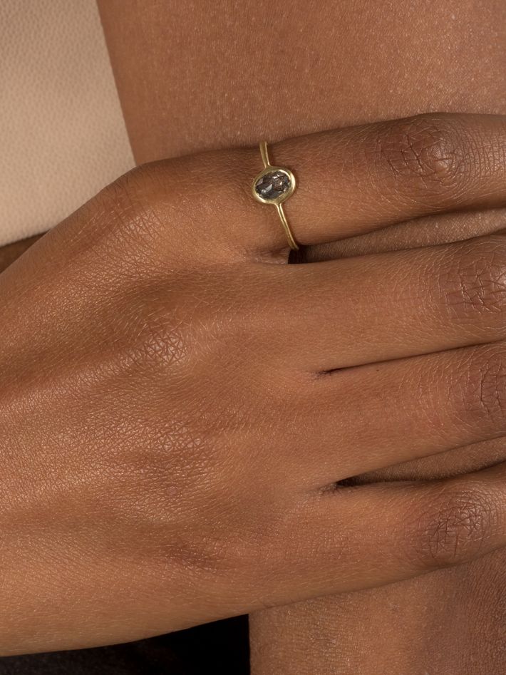 Oval bezel salt + pepper diamond ring