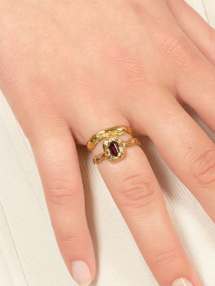 Molten mess emerald cut garnet ring