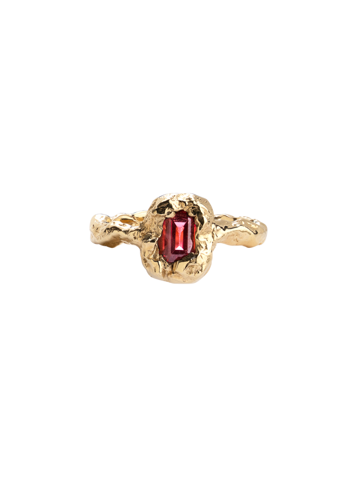 Molten mess emerald cut garnet ring