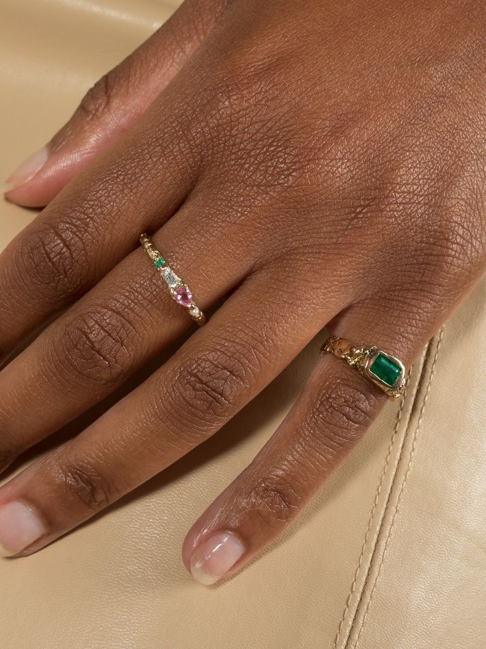 Sapphire, emerald & pearl stacking ring