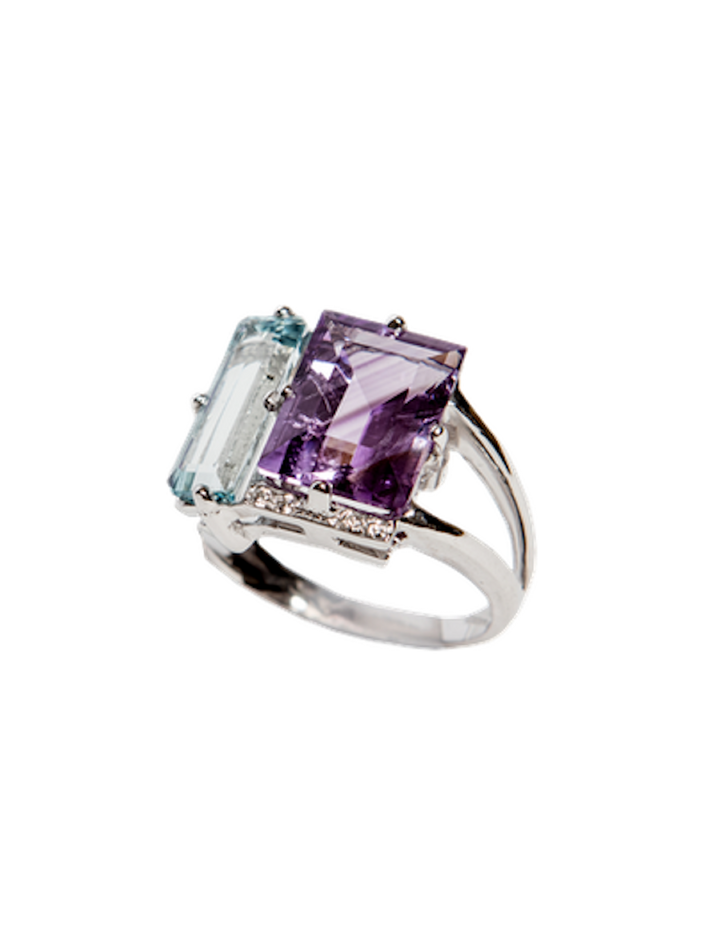 Amethyst, aquamarine and white diamond ring
