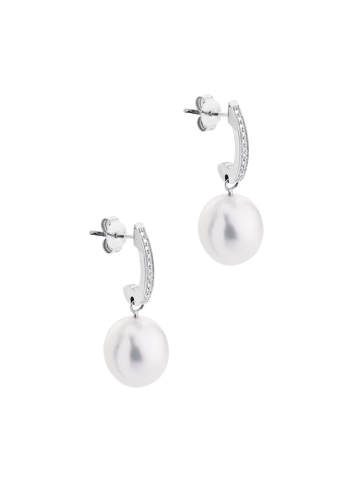 White pearl and white diamond drop earrings photo