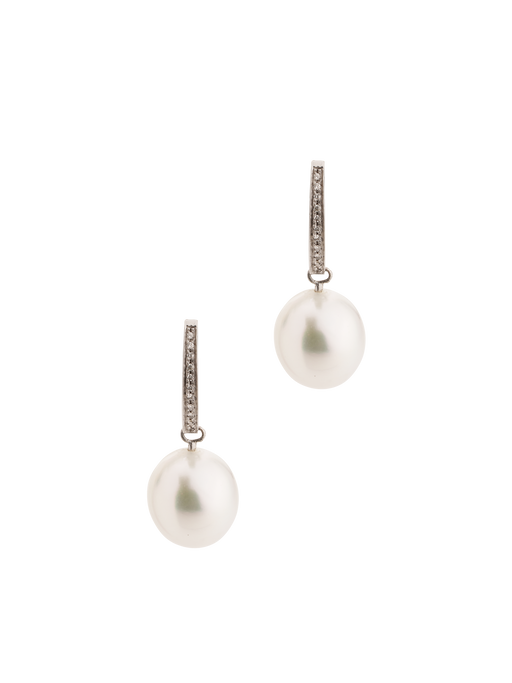 White pearl and white diamond drop earrings photo