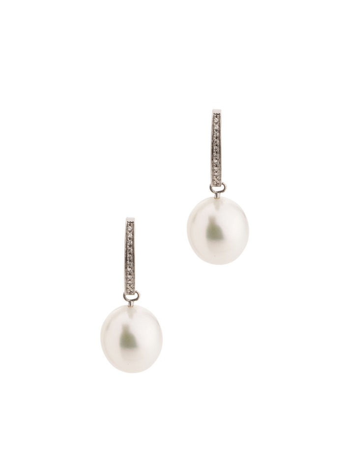 White pearl and white diamond drop earrings