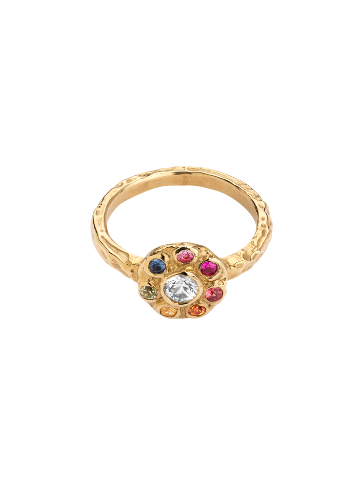 Iridiana rainbow sapphire halo engagement ring