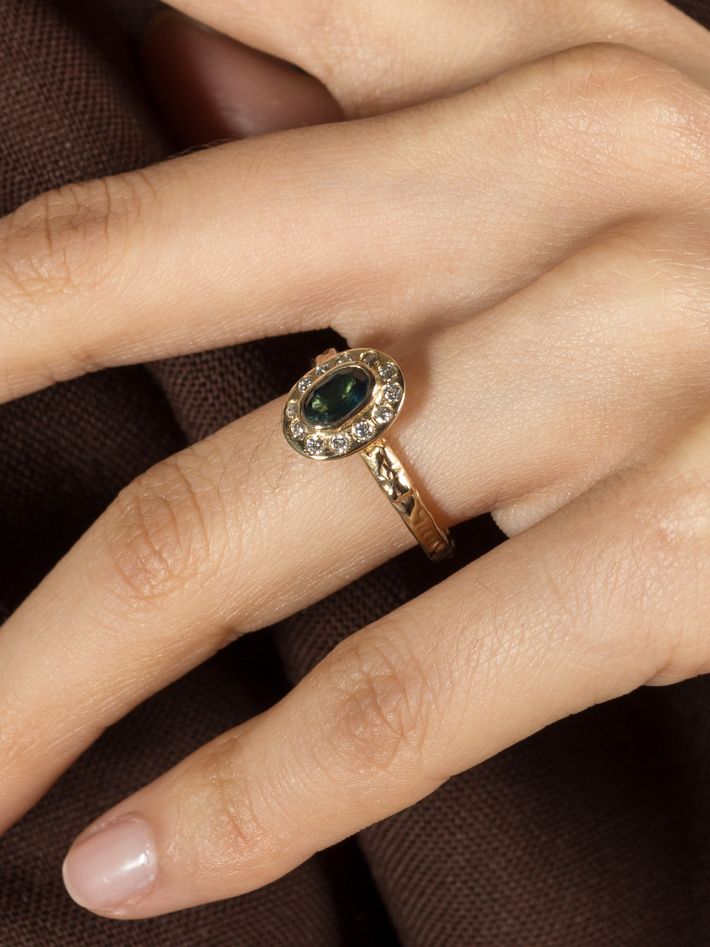 Freya teal sapphire and diamond halo ring