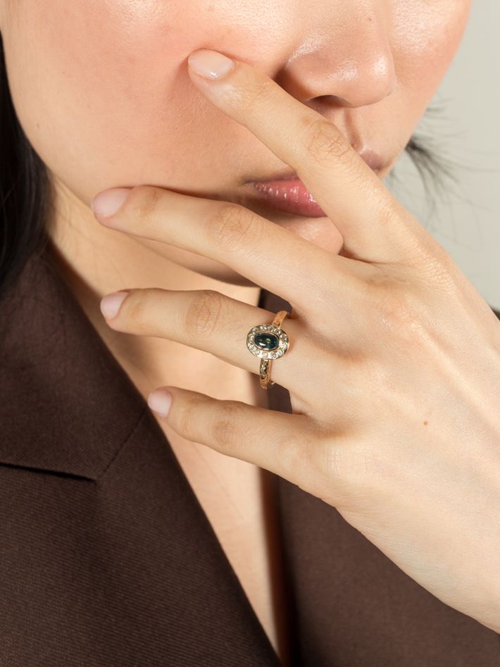 Freya teal sapphire and diamond halo ring