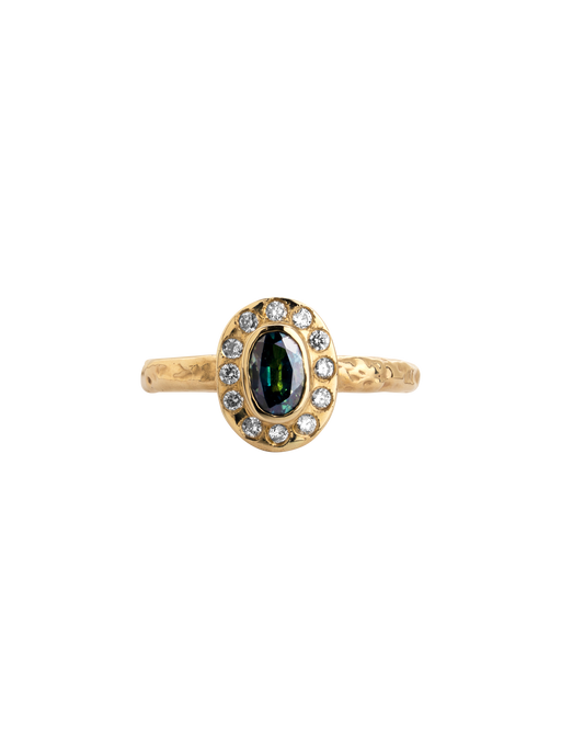 Freya teal sapphire and diamond halo ring photo