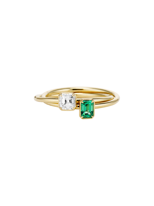 Emerald gemstone and asscher cut diamond rolling ring photo