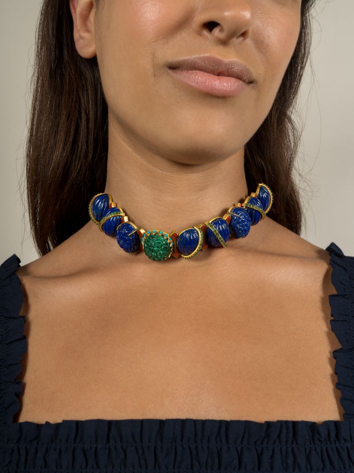 Lapis lazuli and emerald statement necklace