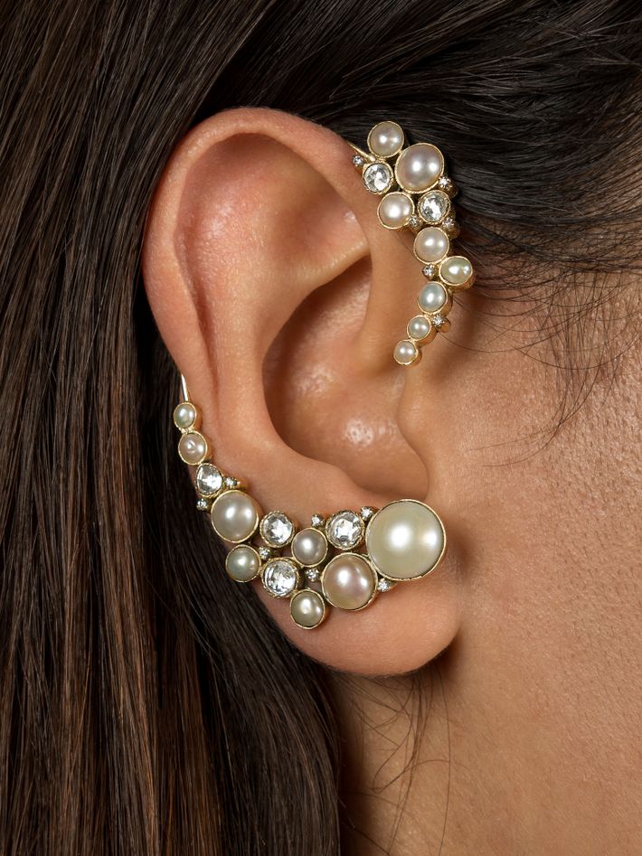 Pearl and rose cut diamond ear cuff earring