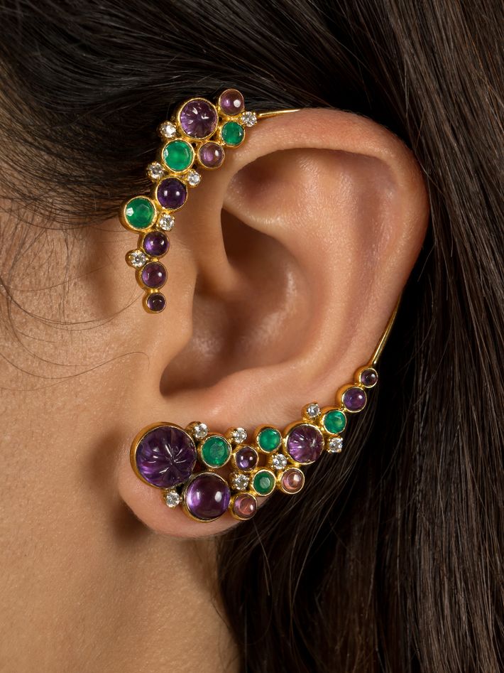 Amethyst and emerald ear cuff earring