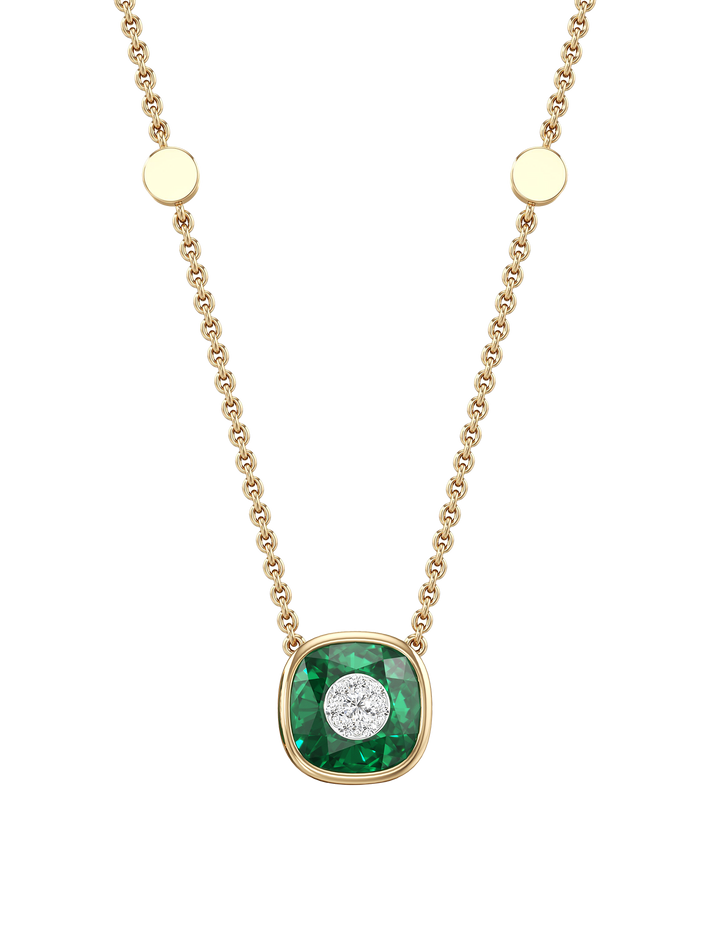 One collection 10mm cushion shape fusion emerald pendant with yellow gold bezel 