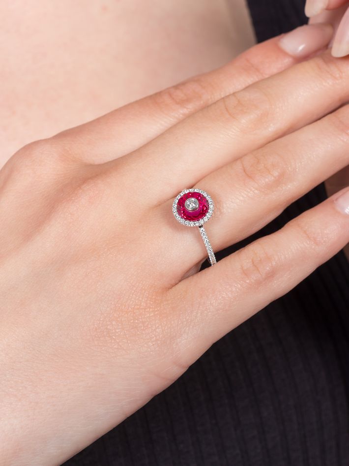 One collection 7mm fusion ruby diamond halo ring