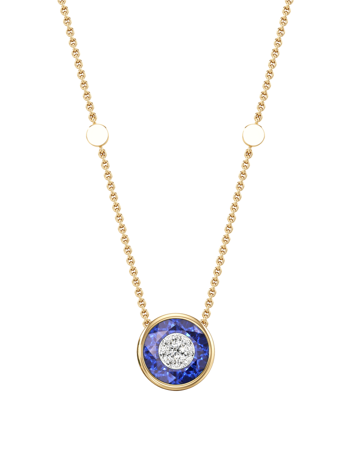 One collection 10mm fusion sapphire pendant with yellow gold bezel 